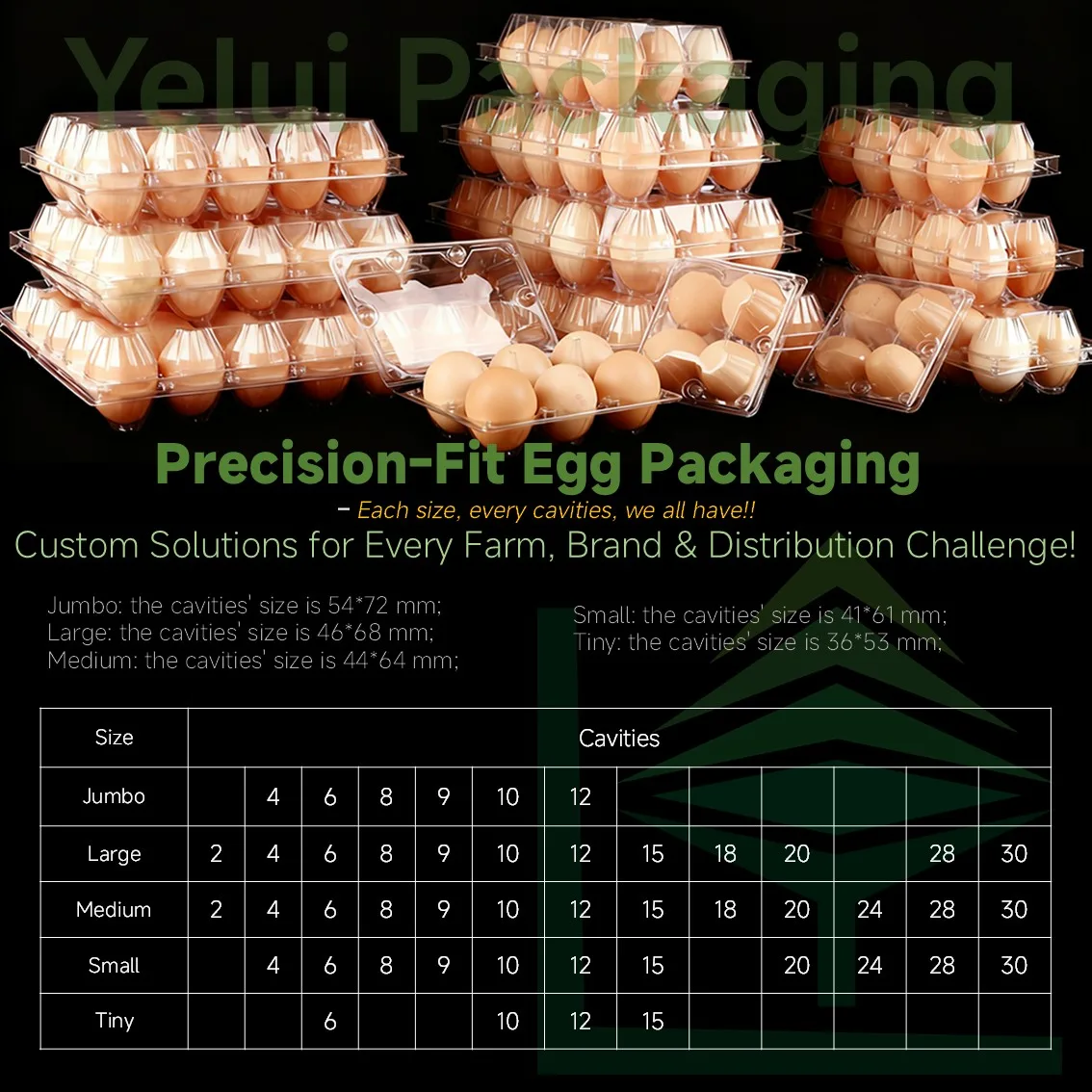 Chicken egg tray size chart showing jumbo, large, medium, small and tiny cavities from 2 to 30 eggs, by Yelui Packaging