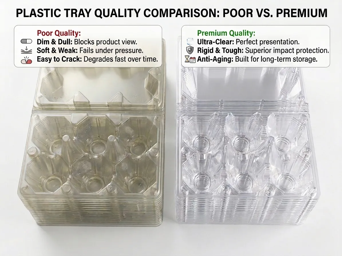 Quality comparison photo between poor quality and premium clear plastic egg trays
