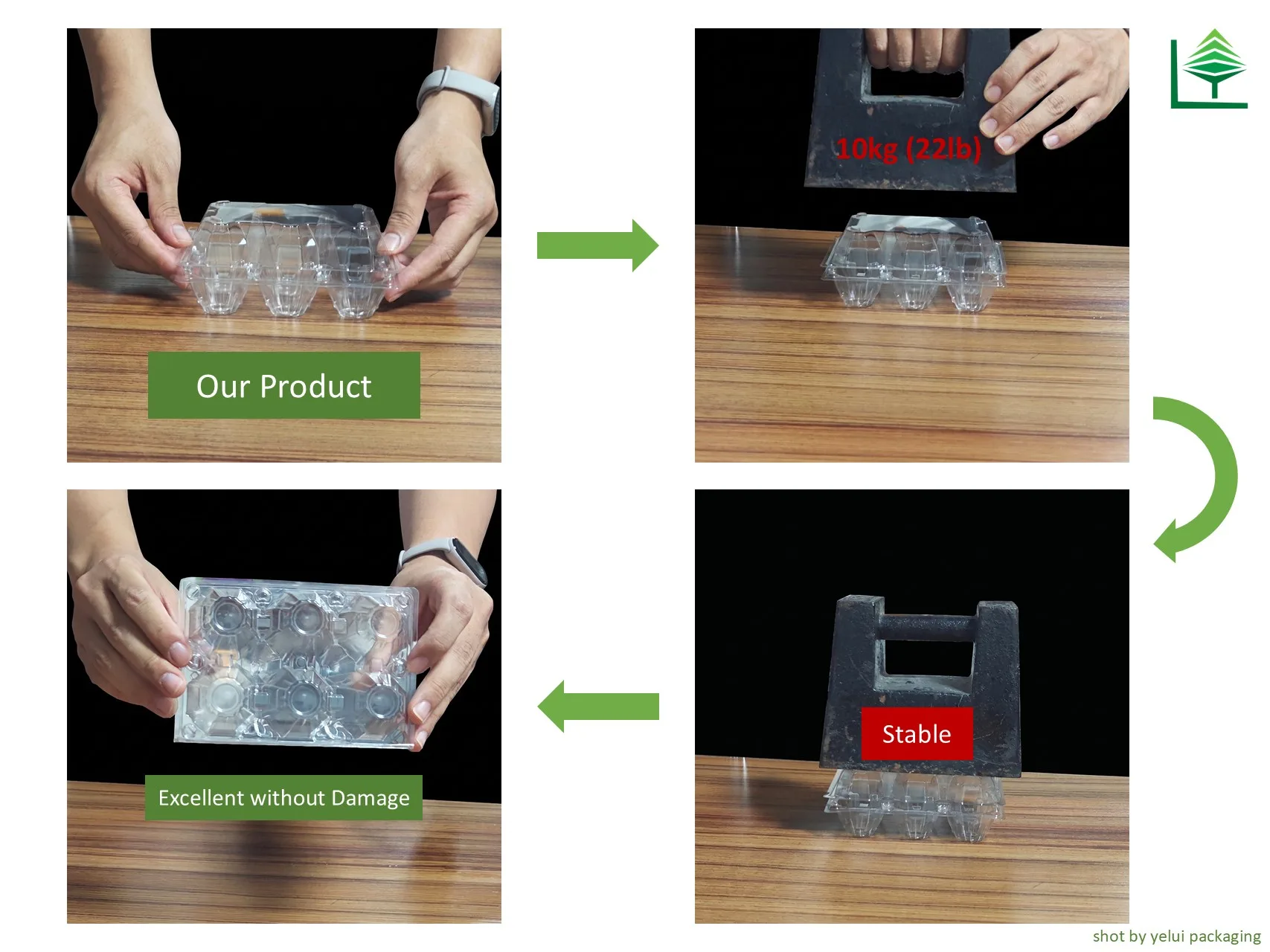 Yelui clear PET egg tray staying stable under a 10 kg weight in a load test