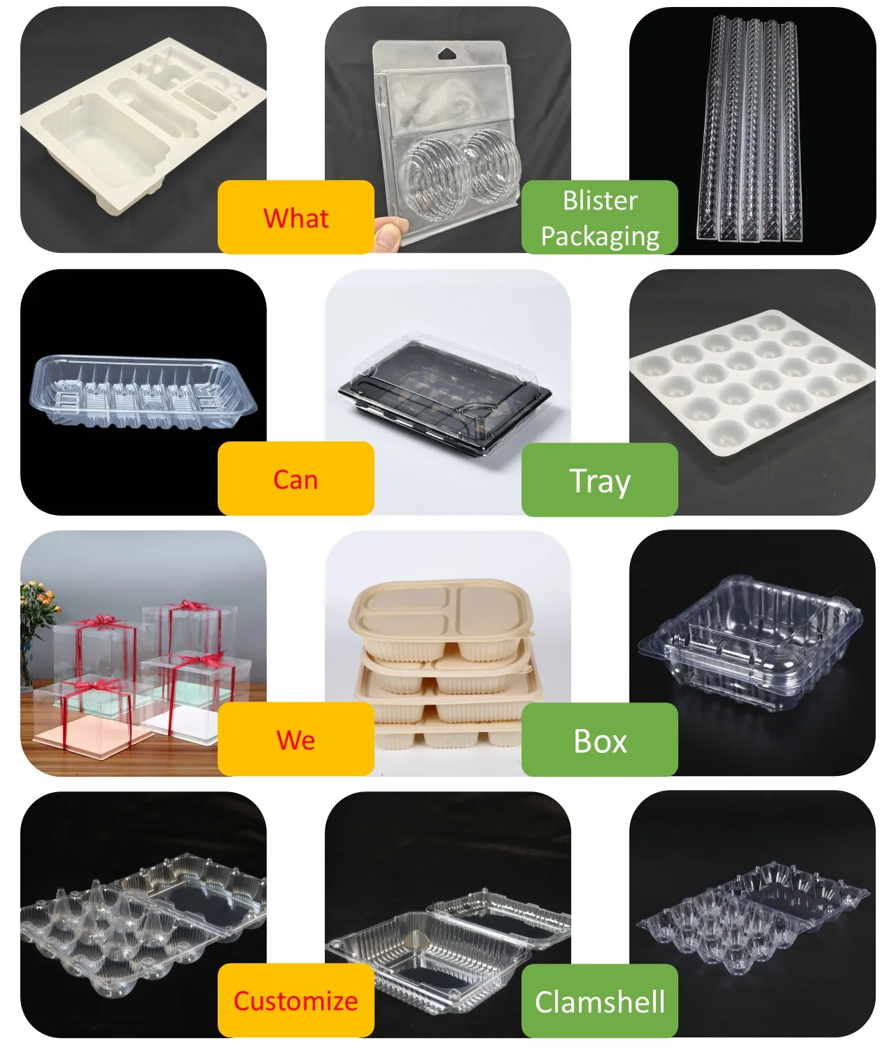 Custom blister packaging catalog showing trays, boxes and clamshells made by Yelui Packaging